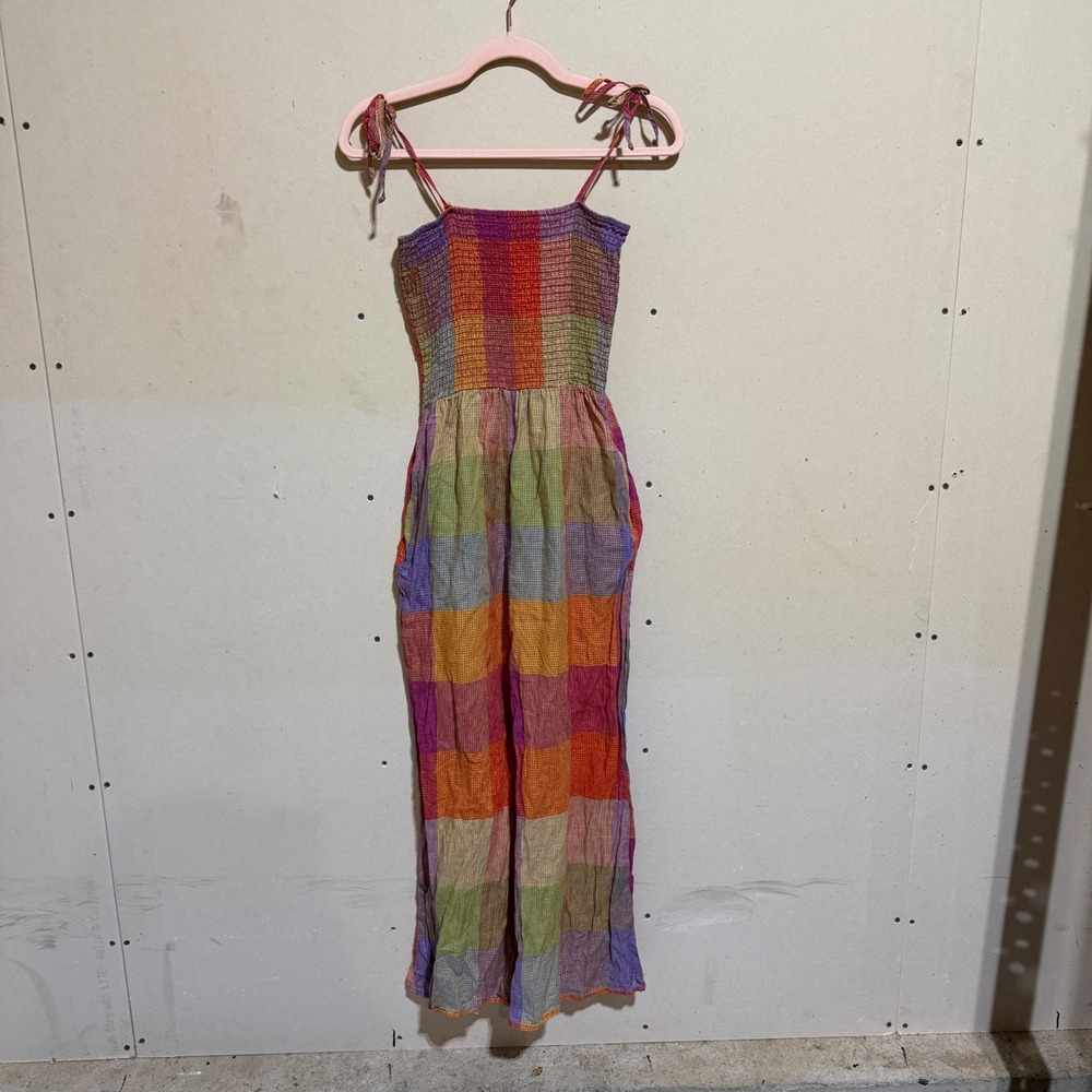 dRA Plaid Smocked Wide Leg Jumpsuit Size Small Tie Strap Pockets